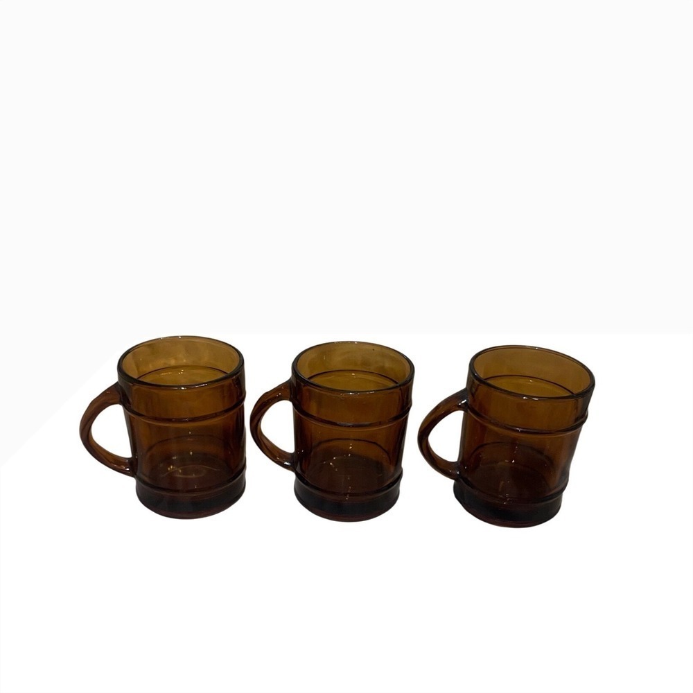Anchor Hocking Vintage Amber Glass Coffee‎ Mugs Stackable Brown Set f 3